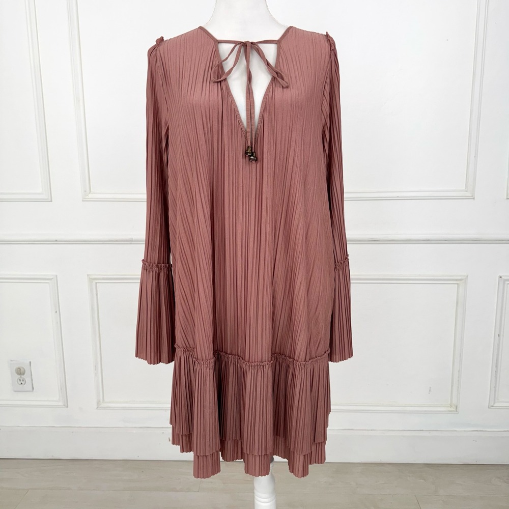 Free People Pleated Tiered Dress with Tassel Tie Neck‎ Dusty Rose Size L
